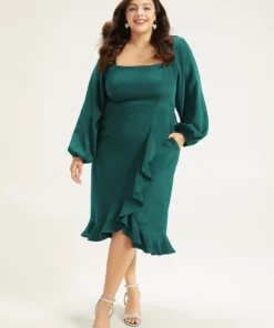 Anti-Wrinkle Square Neck Ruffle Trim Wrap Hem Dress -Clothing Shop 423694585 sf e0cc7a97 90aa 4933 9bf9 d1069fd24c7c