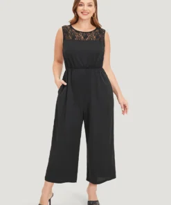 Solid Lace Mesh Pocket Sleeveless Jumpsuit
