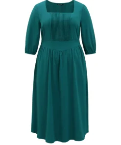 Anti-Wrinkle Square Neck Pleated Gathered Dress -Clothing Shop 424942685 dc