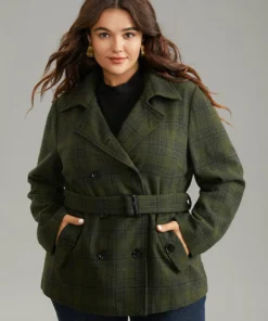 Plaid Lapel Collar Double Breasted Belted Woolen Coat -Clothing Shop 425006701 us