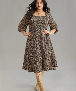 Square Neck Silhouette Floral Print Elastic Waist Dress