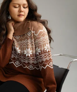 Snowflake Print Button Detail Split Side Pullover -Clothing Shop 426142733 ms