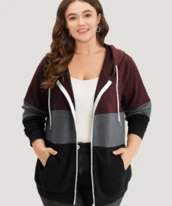 Colorblock Contrast Drawstring Zipper Hooded Sweatshirt -Clothing Shop 426496558 ne