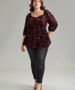 Silhouette Floral Print Contrast Flocking Square Neck Blouse -Clothing Shop 426816623 rn