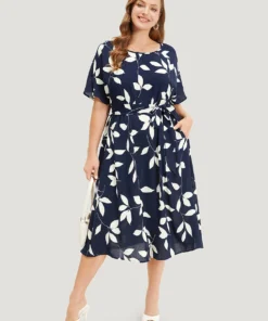 Leaf Print Pocket Belted Dress -Clothing Shop 428723537 kt