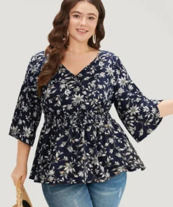 Floral Print Shirred Button Detail V Neck Petal Sleeve Blouse -Clothing Shop 429909235 og