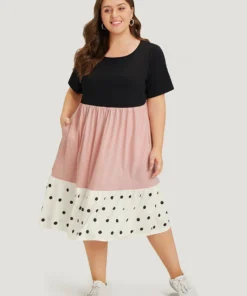 Colorblock Contrast Pocket Ruffles Patchwork Polka Dot Dress