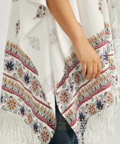 Boho Print Asymmetrical Hem Tassel Trim Drape Kimono -Clothing Shop 431457932 xf