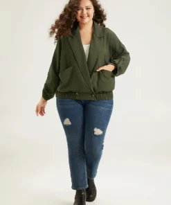 Lapel Collar Solid Gathered Tab Sleeve Jacket -Clothing Shop 431943824 ax