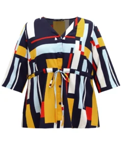 Geometric Contrast Drawstring Button Up Blouse -Clothing Shop 432522258 bu