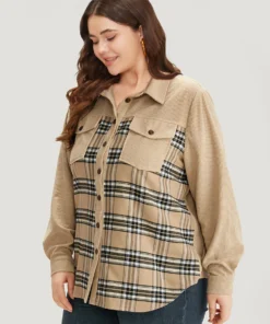 Plaid Pocket Button Through Patchwork Shirt Collar Jacket -Clothing Shop 432676726 tp