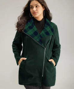 Plaid Patchwork Lapel Collar Zipper Coat -Clothing Shop 432900749 lm