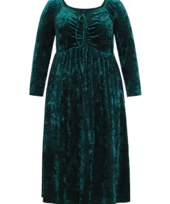 Velvet Ruched Ties Pocket Square Neck Dress -Clothing Shop 432923884 rd