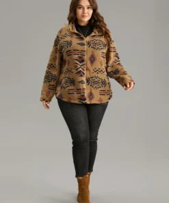 Boho Print Pocket Zipper Teddy Jacket -Clothing Shop 433432745 vi