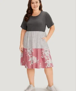 Supersoft Essentials Floral Striped Patchwork Pocket Crew Neck Dress