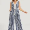 Striped Print Contrast Lace Pocket Knot Tassels Tank Jumpsuit