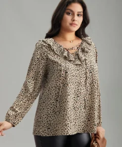 Leopard Print Ties Flutter Trim Blouse -Clothing Shop 434132798 yu