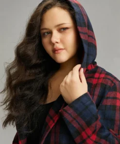 Plaid Button Through Pocket Hooded Coat -Clothing Shop 434372544 jx