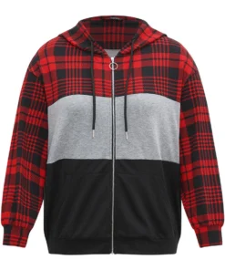 Plaid Contrast Patchwork Drawstring Zipper Jacket -Clothing Shop 434488222 hi