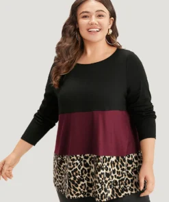 Colorblock Leopard Contrast Round Neck T-shirt -Clothing Shop 434649366 kp 927147c1 6d5b 45ae a6dd 57f60308f6e9