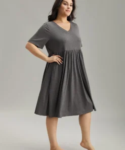 Plain Heather Elastic Waist Gathered Sleep Dress -Clothing Shop 436101294 xe