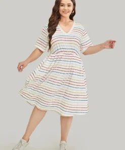 Rainbow Striped V Neck Pocket Contrast Midi Dress -Clothing Shop 436284005 vb