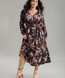 Floral Lantern Sleeve Belted Overlap Collar Dress -Clothing Shop 436682577 aw