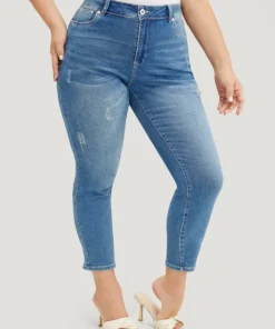 Moderately Stretchy High Rise Dark Wash Cropped Jeans -Clothing Shop 436970445 ae