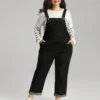 Plain Patched Pocket Roll Hem Overall Jeans -Clothing Shop 43698427 zc