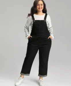 Plain Patched Pocket Roll Hem Overall Jeans