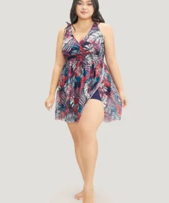 Tropical Print Bow Sculpt Waist Split Swim Dress -Clothing Shop 437117515 xj