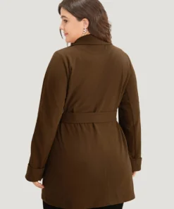 Plain Lapel Collar Pocket Belted Coat -Clothing Shop 437279003 wr