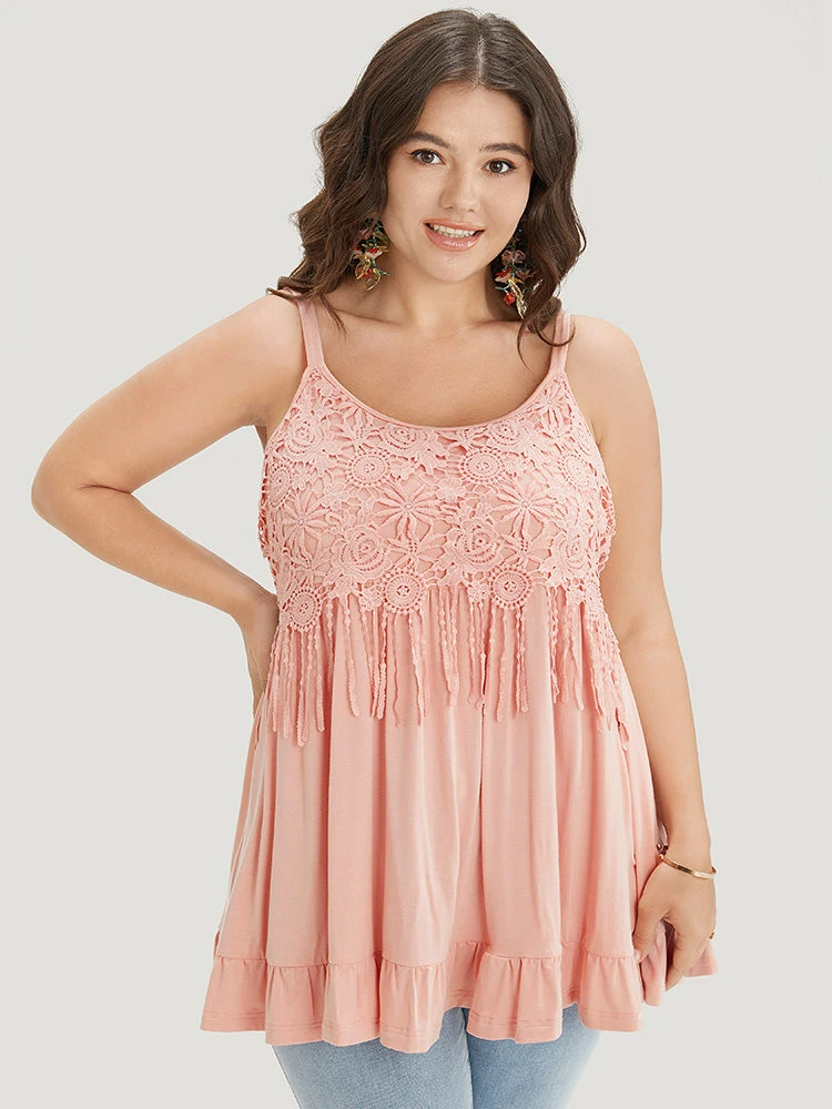 Plain Contrast Lace Ruffle Hem Cami Top 5 Plain Contrast Lace Ruffle Hem Cami Top - Image 3