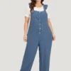 Plain Pocket Button Through Ruffle Trim Overall Jumpsuit -Clothing Shop 437958455 cs