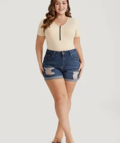 Plain Zipper Half Crew Neck Bodysuit -Clothing Shop 438188041 gn