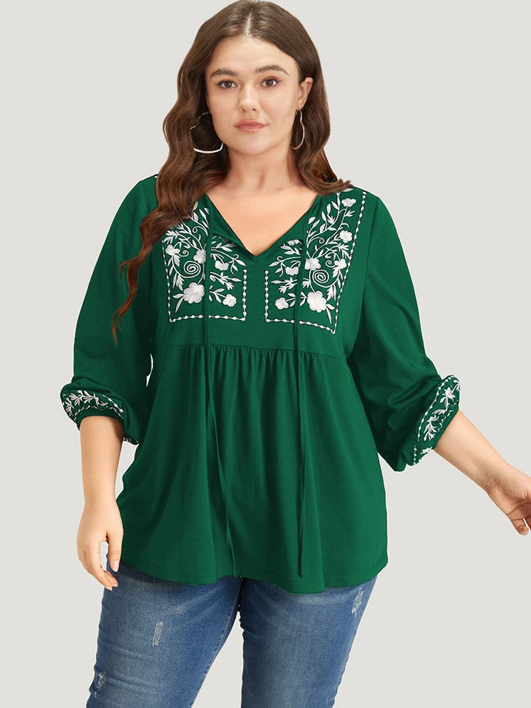 Floral Embroidered Knot Neck Lantern Sleeve T-shirt 19 Floral Embroidered Knot Neck Lantern Sleeve T-shirt - Image 17