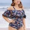 Floral Pompom Trim Cold Shoulder One Piece Swimsuit -Clothing Shop 439128401 aq