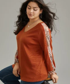 Waffle Knit Boho Print Patchwork Raglan Sleeve T-shirt