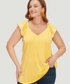 Plain Ruffles Cap Sleeve Embroidered Tank Top