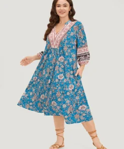 Floral Print Notched Lantern Sleeve Contrast Dress -Clothing Shop 440326144 uo