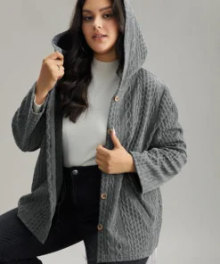 Contrast Cable Knit Pocket Hooded Jacket -Clothing Shop 440534716 mo