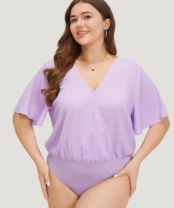 Solid Ruffle Sleeve V Neck Ruched Bodysuit -Clothing Shop 440731057 cs