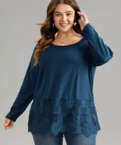 Solid Lace Patchwork Boat Neck T-shirt -Clothing Shop 441907300 mp cb4ff69b 8d62 4229 998a 8608d389335e