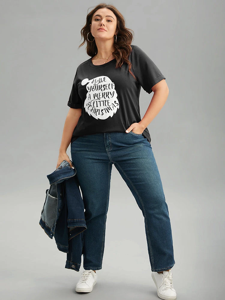 Christmas Print Round Neck Roll Sleeve T-shirt 14 Christmas Print Round Neck Roll Sleeve T-shirt - Image 12