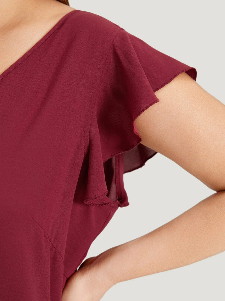 Plain Ruffle Cap Sleeve V Neck Zipper Jumpsuit 7 Plain Ruffle Cap Sleeve V Neck Zipper Jumpsuit - Image 5