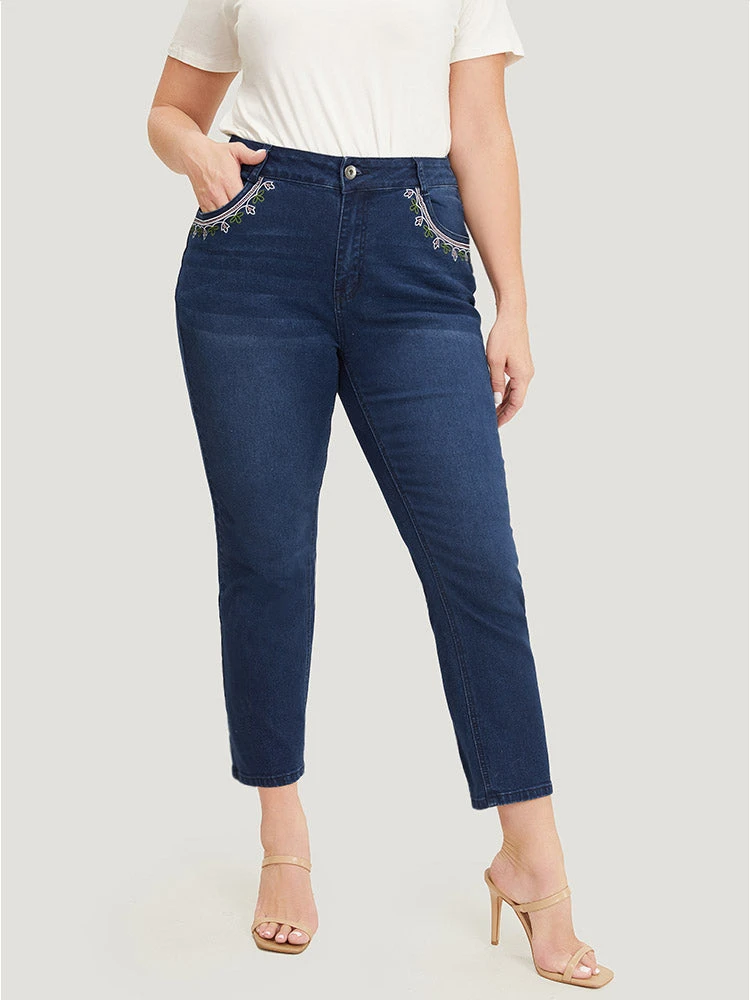 Straight Very Stretchy High Rise Dark Wash Embroidered Trim Jeans 5 Straight Very Stretchy High Rise Dark Wash Embroidered Trim Jeans - Image 3