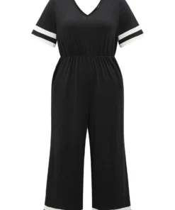 Striped Contrast V Neck Pocket Elastic Waist Jumpsuit 21 Striped Contrast V Neck Pocket Elastic Waist Jumpsuit -Clothing Shop 443919987 nu