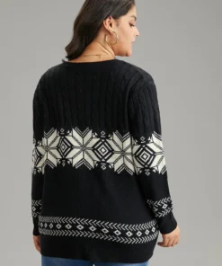 Geometric Jacquard Cable Knit Pullover -Clothing Shop 444215636 uq