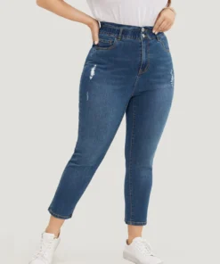 Very Stretchy High Rise Medium Wash Ripped Jeans