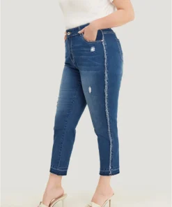 Very Stretchy High Rise Medium Wash Raw Trim Jeans -Clothing Shop 444450877 nh